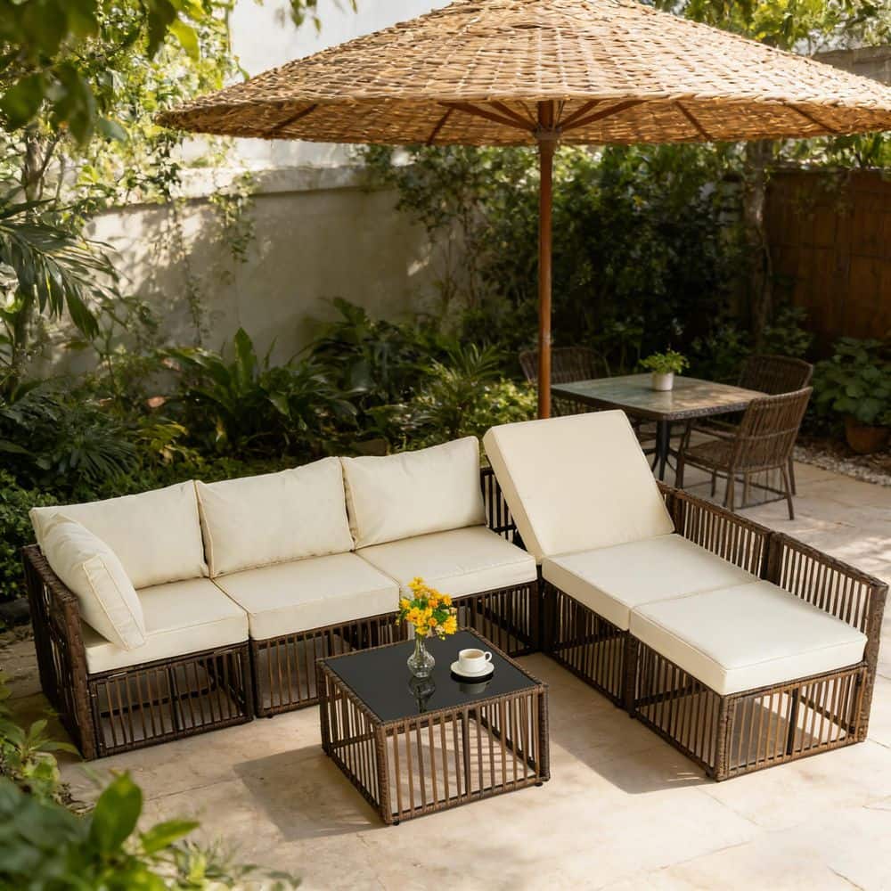 7-Piece Brown Wicker Patio Conversation Set with Beige Cushions, Coffee Table price history on PriceWatchPro