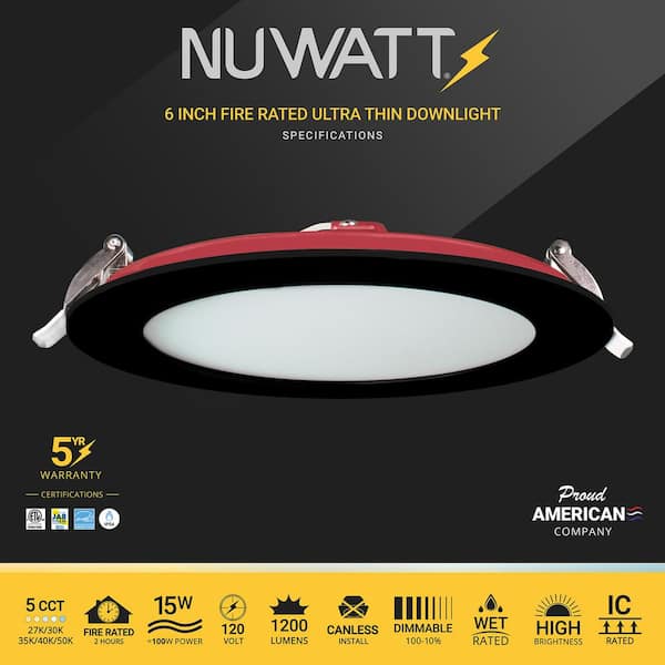 6 in. Black Trim 2HR Fire Rated Canless 27K-50K Select New Construction 15W Integrated LED Recessed Lighting Kit 12PK