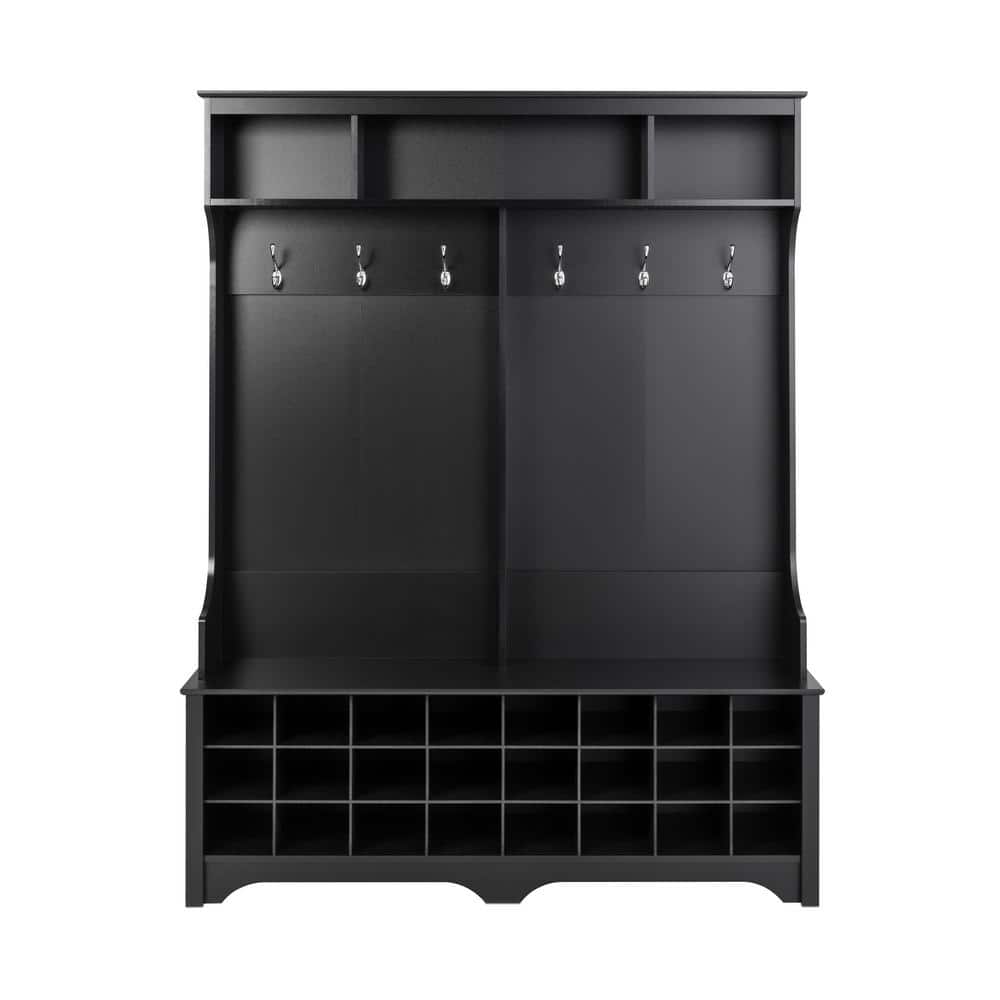 Black Wood Hall Tree with Bench and 24 Shoe Cubbies