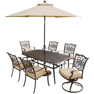 Traditions 7-Piece Aluminum Outdoor Patio Dining Set and 2 Swivel Chairs, Umbrella and Base with Natural Oat Cushions