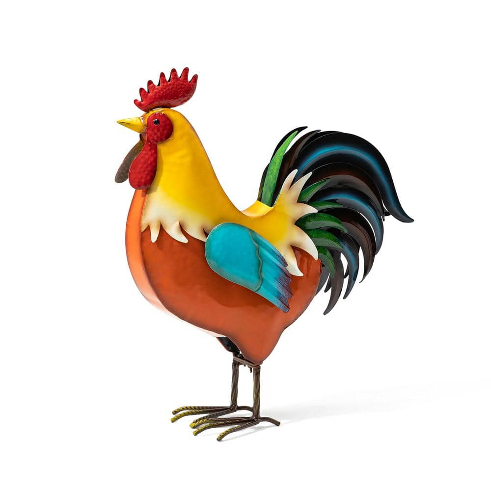 Glitzhome 21 in. H Metal Vibrant Standing Rooster Garden Statue ...