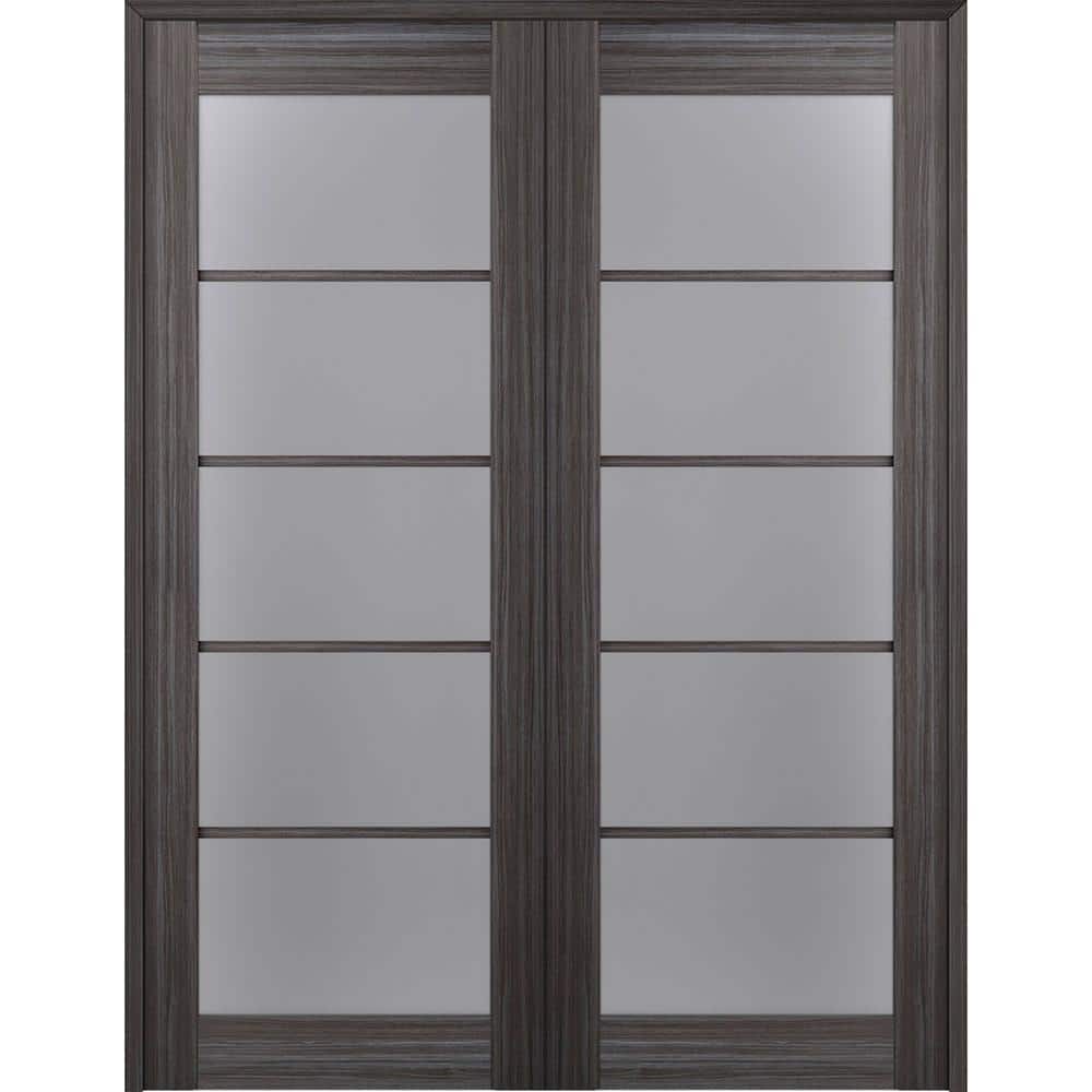 Gray Oak Frosted Glass Wood Composite Double Prehung French Door