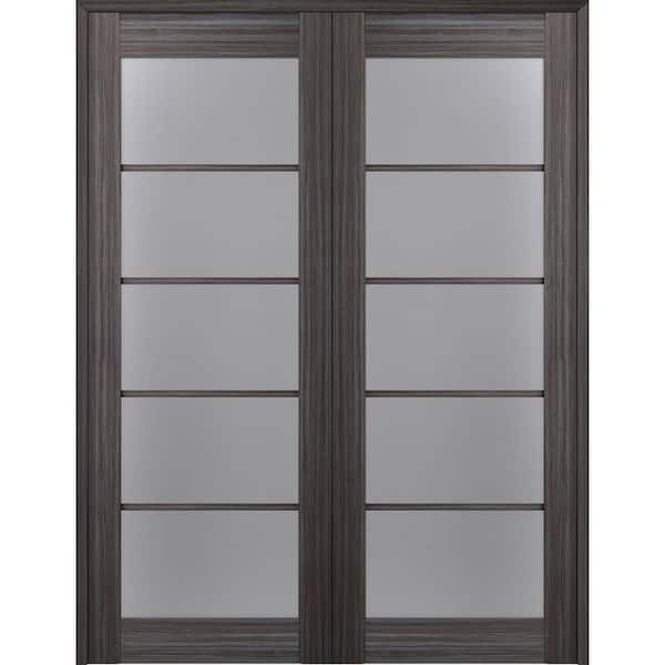 Belldinni Paola 60 in. x 80 in. Both Active 5-Lite Frosted Glass Gray Oak Finished Wood Composite Double Prehung French Door
