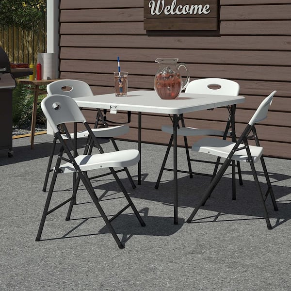 COSCO 5-Piece Folding Indoor/Outdoor Dining Set, Plastic Top, Steel Base with 36 in. Fold-in-Half Card Table with Handle White