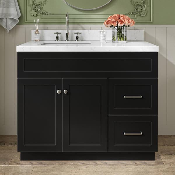 ARIEL Hamlet 42.25 in. W x 22 in. D x 36 in. H Single Sink Freestanding Bath Vanity in Black with Carrara Quartz Top