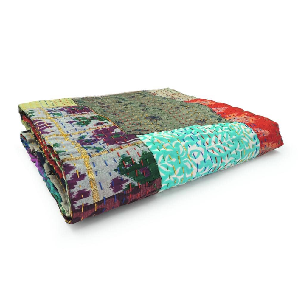 Multicolor Cotton and Silk Patchwork Throw Blanket