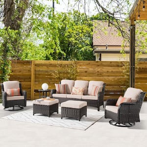 Moonlight Brown 6-Piece Wicker Patio Conversation Seating Sofa Set with Beige Cushions and Swivel Rocking Chairs