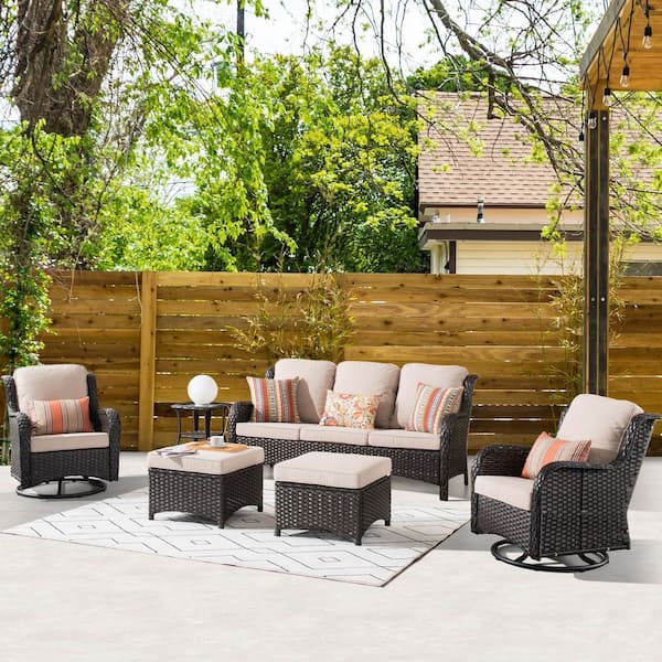 XIZZI Moonlight Brown 6-Piece Wicker Patio Conversation Seating Sofa Set with Beige Cushions and Swivel Rocking Chairs