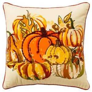 Harvest Ivory/Multi-Color Pumpkins Cotton Poly Filled Decorative 20 in. x 20 in. Throw Pillow