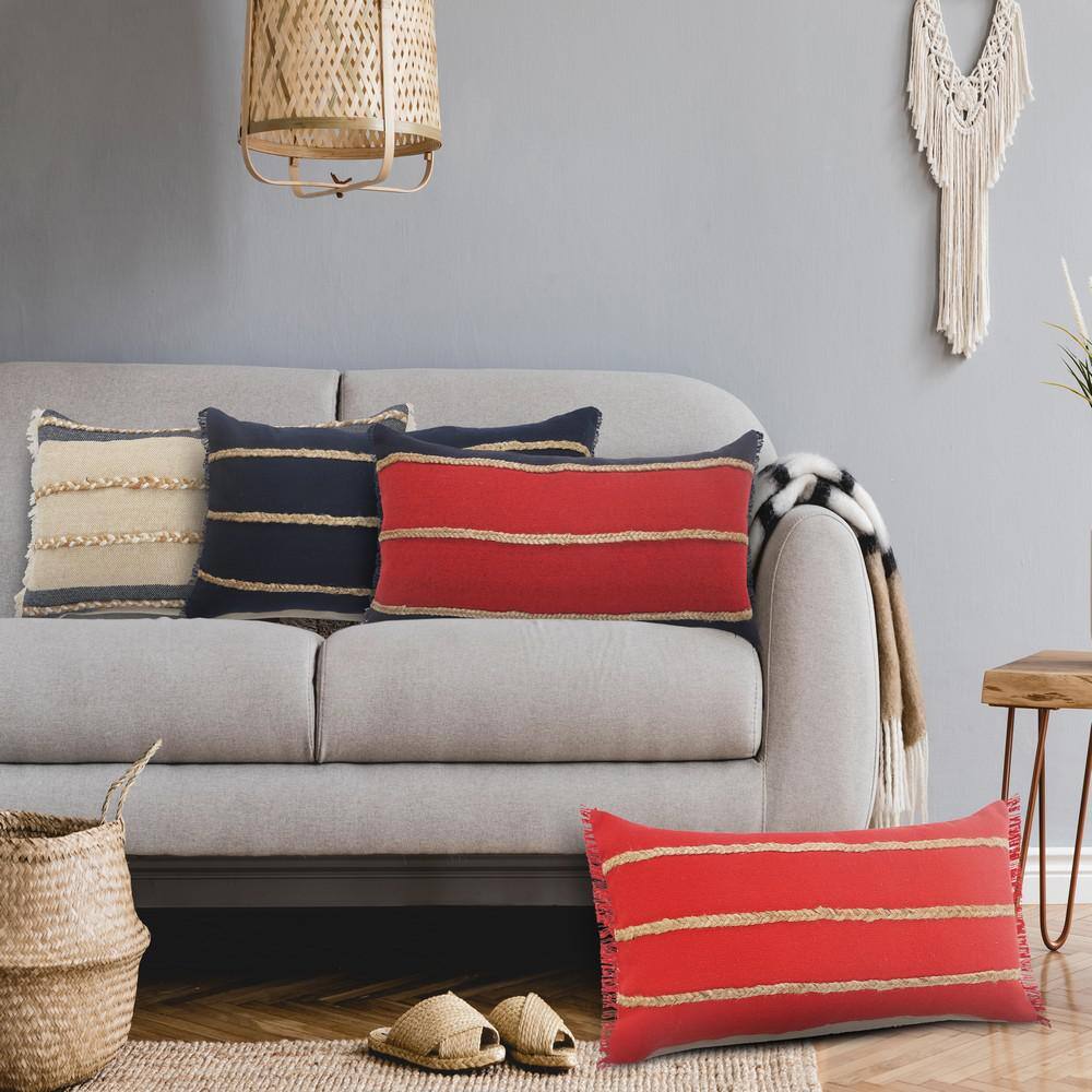 Navy and Tan Jute Braided Rectangular Lumbar Pillow