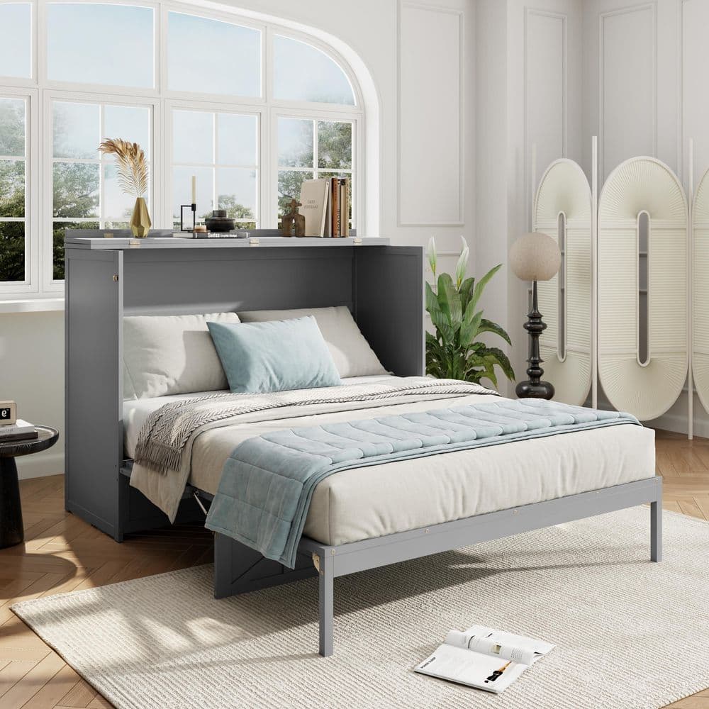 Brushed Gray Wood Frame Queen Murphy Bed with Spacious Drawer, USB Charging Station price history on PriceWatchPro