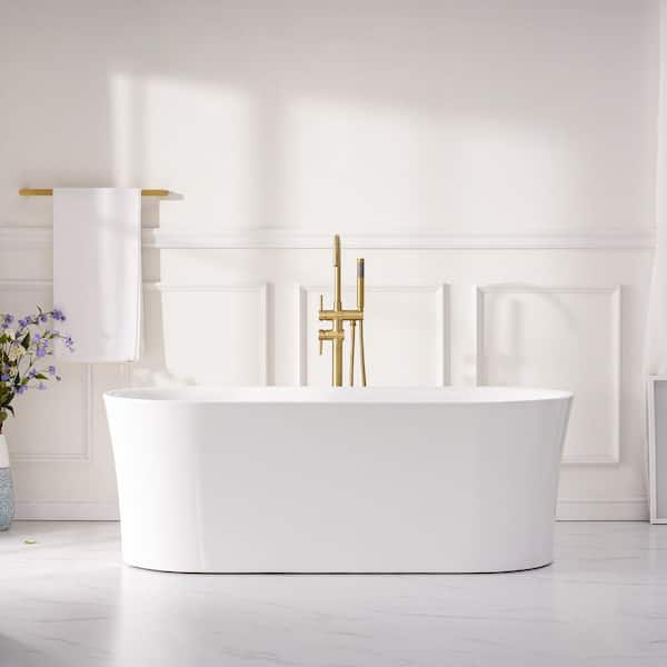 WELLFOR 59 in. Pure Virgin Acrylic Flatbottom Freestanding Soaking Bathtub in White with Drain and Overflow Included