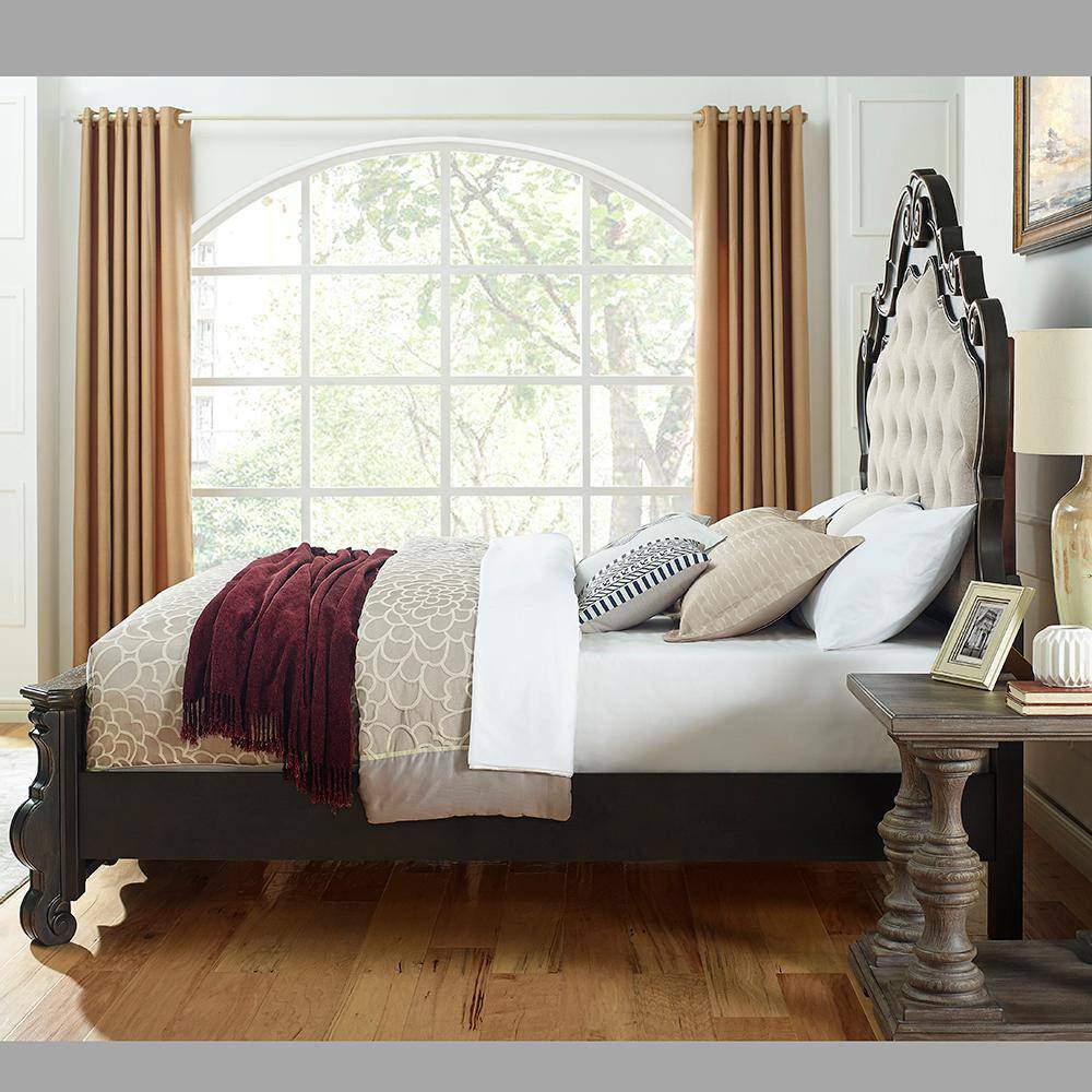 Traditional King Brown Wood Upholstered Tufted Bed