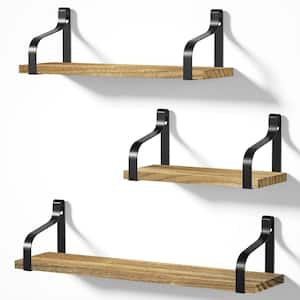 4.7 in. x 17 in. x 4.2 in. Carboinzed Black Wood Decorative Wall Shelves with Brackets (Set of 3)
