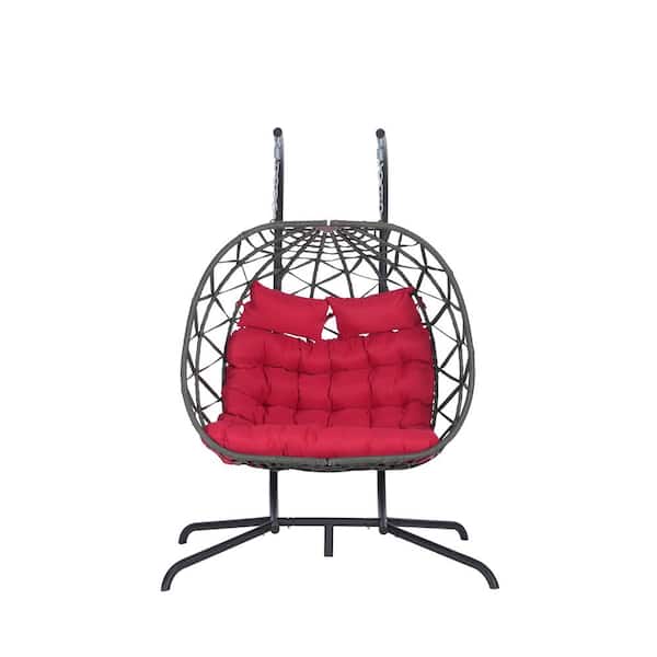 Unbranded 2-Person Dark Gray Wicker Porch Swing, Double Rattan Swing Egg Chair with Stand and Red Cushion for Indoor or Outdoor
