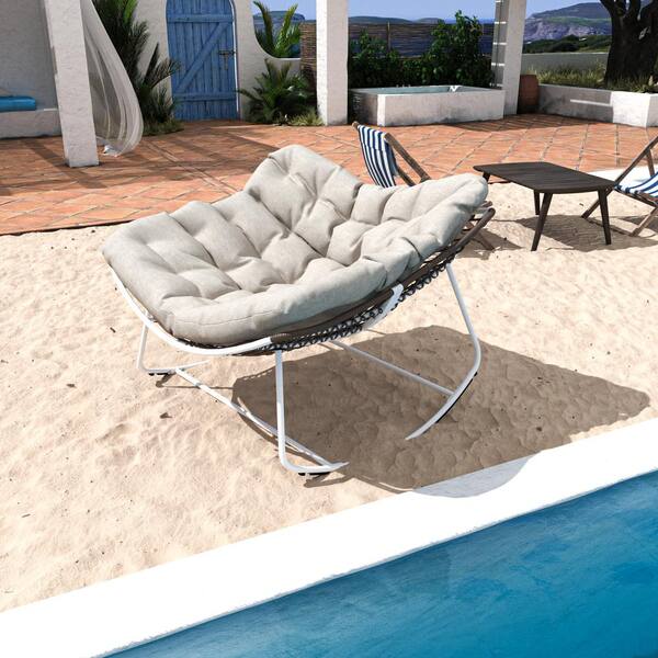 Cesicia 42.52 in. White Metal Outdoor Rocking Chair with Beige Cushions