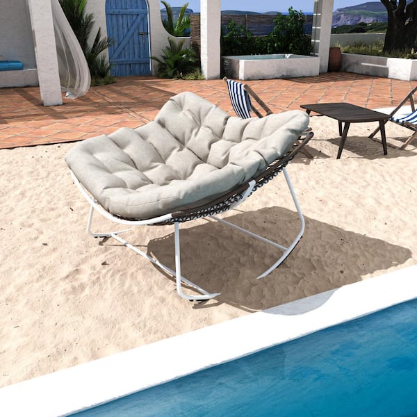 Cesicia 42.52 in. White Metal Outdoor Rocking Chair with Light Grey Cushions 2-Pack