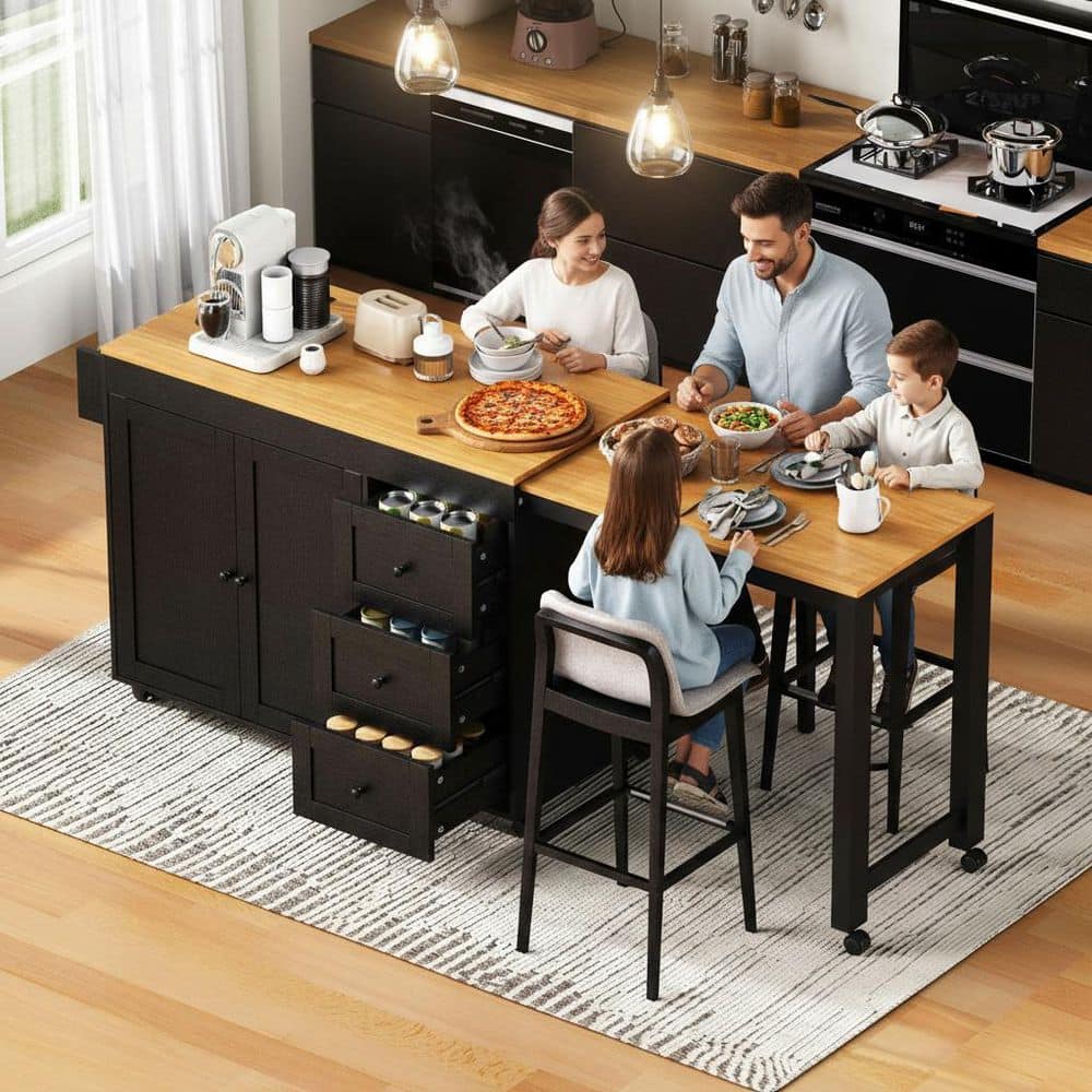 Farmhouse Black Wood 74.8 in. Power Outlet Kitchen Island Extendable Dining Table with 2-Door Cabinet and 3-Drawer price history on PriceWatchPro