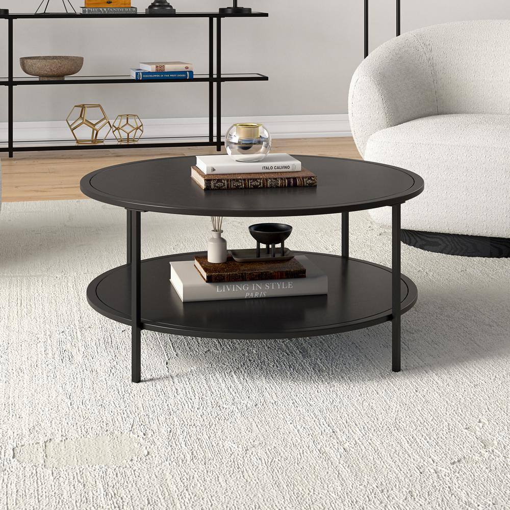 Blackened Bronze Round Metal Coffee Table with Shelf