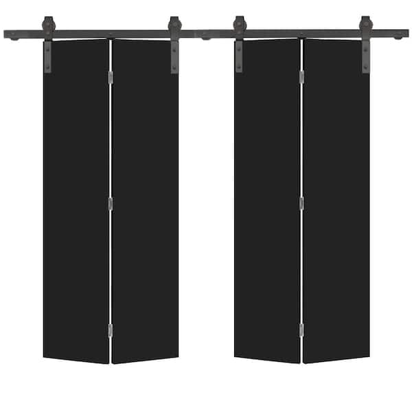 CALHOME 48 in. x 80 in. Black Smooth Flush Hardboard Hollow Core Composite Double Bi-Fold Barn Door with Sliding Hardware Kit
