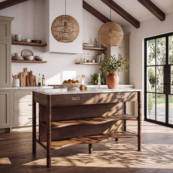Distressed Kitchen Island Walnut Finish Faux Marble Top 53.9 in. Buffet Sideboard with Open Shelves and Drawers