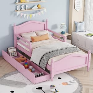 Pink Wood Frame Twin Size Platform Bed with 2 Drawers and Guardrails