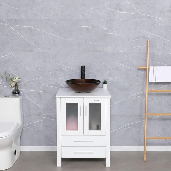 eclife 24 in. W x 20 in. D x 32 in. H Single Sink Bath Vanity in White with Brown Glass Vessel Sink Top ORB Faucet
