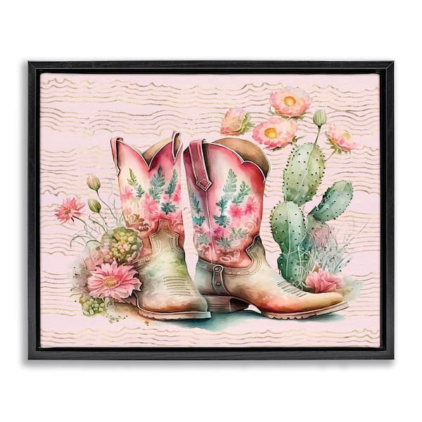 Stupell Industries Country Boots with Cacti by Lettered and Lined Black Floater Frame Nature Graphic Art Print 17 in. x 21 in.