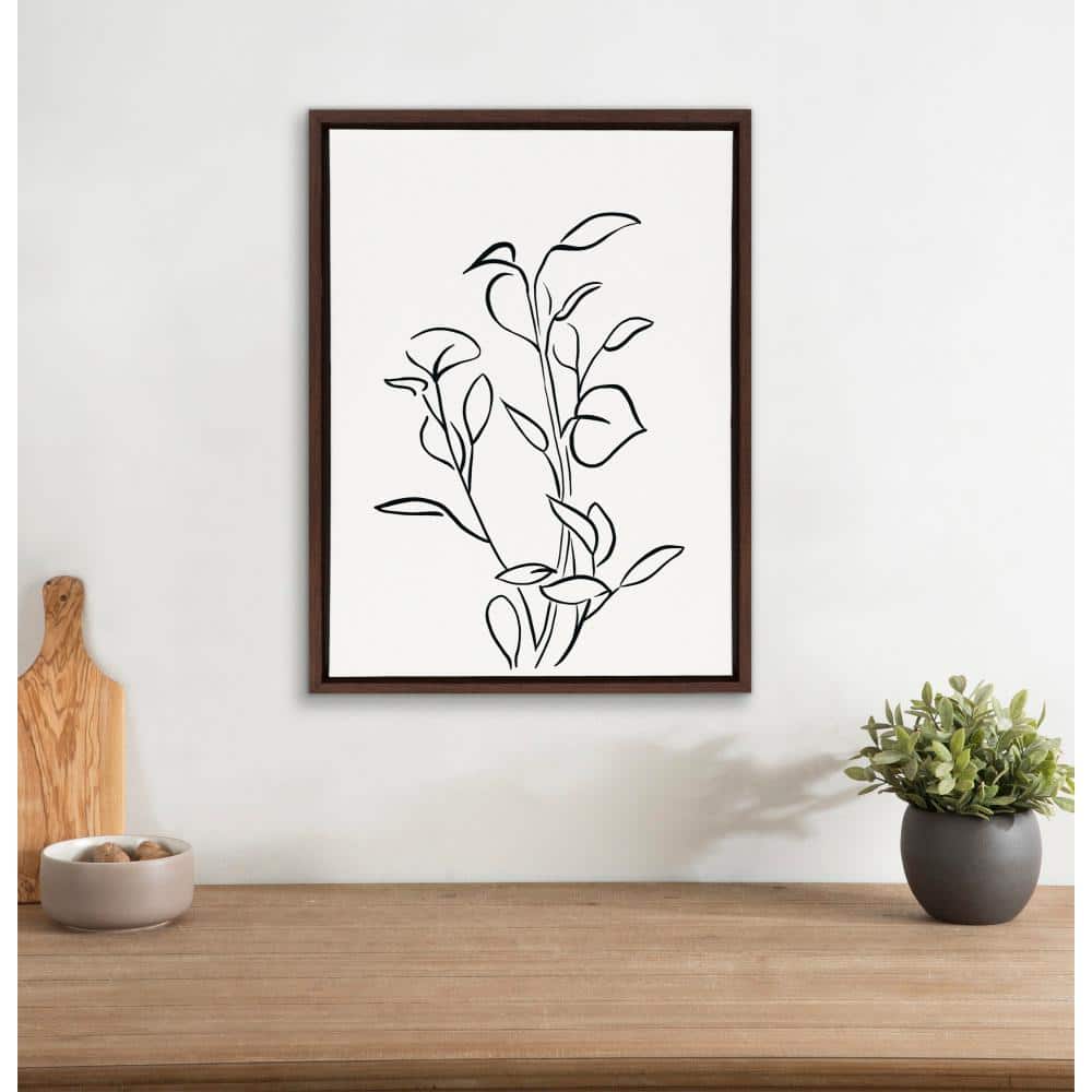 Botanical Sketch Black and White Canvas Art with Brown Frame, 18x24
