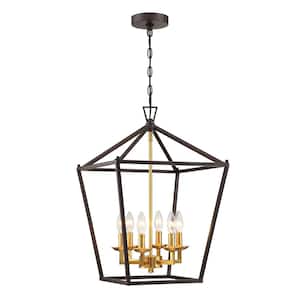 Alfa 16 in. 6-Light Geometric Cage Lantern Pendant Light with Bronze and Gold Painting Inside