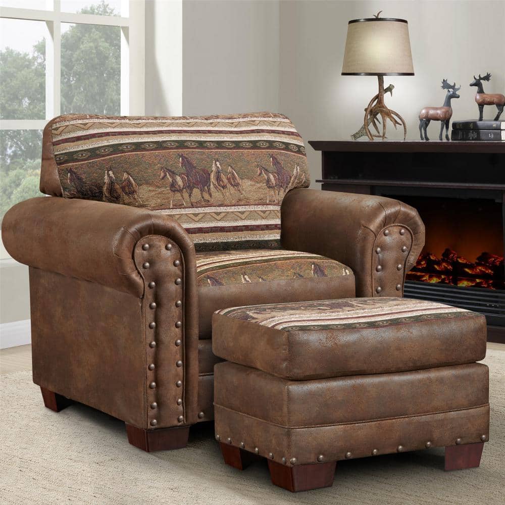 Brown Microfiber and Wood Rustic Accent Chair with Ottoman
