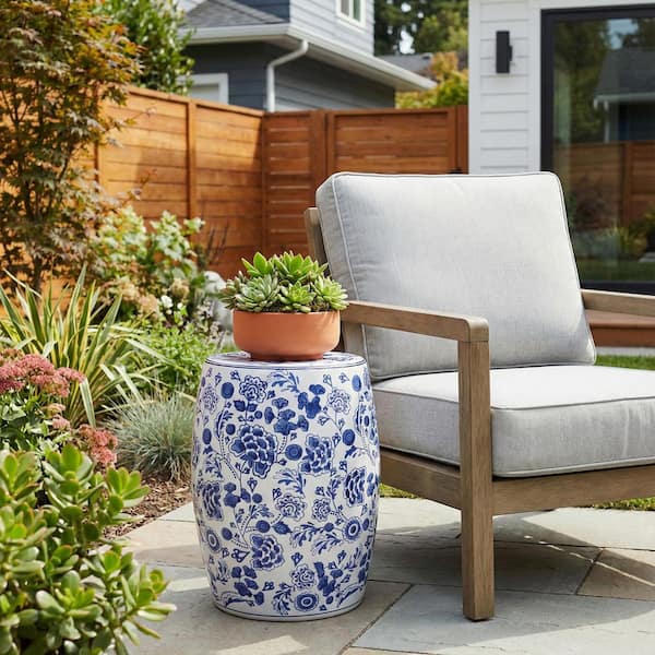 Blue 18 in. Ceramic Round Hydrangea Chinoiserie Garden Stool