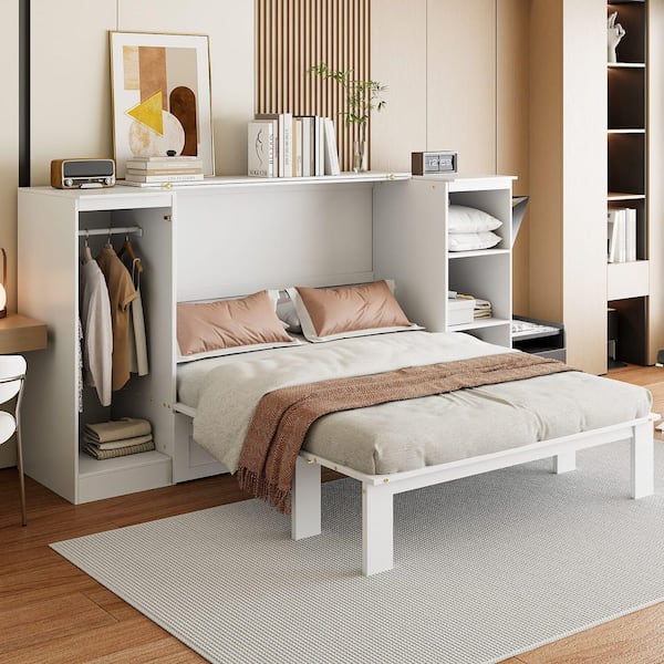 Stanley White Wood Frame Twin Size Murphy Bed with Bedside Shelves, Wardrobe
