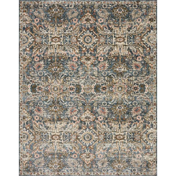 Saban Blue/Sand 3 ft. 9 in. x 3 ft. 9 in. Round Bohemian Floral Area Rug