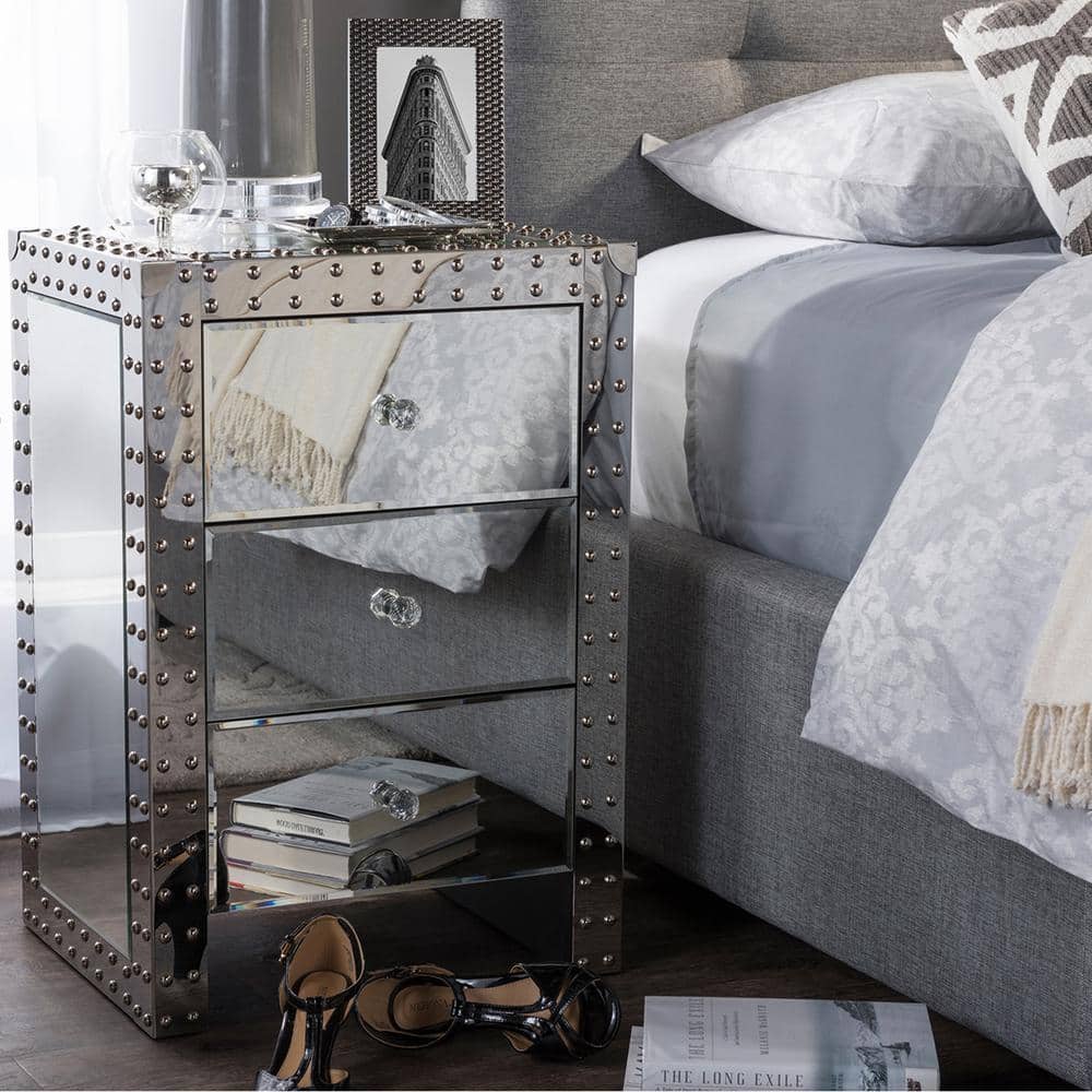 Azura Silver Mirrored 3-Drawer Nightstand with Nailhead Trim