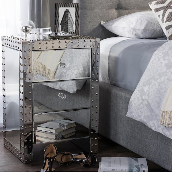 Baxton Studio Azura 3-Drawer Silver Mirrored Nightstand