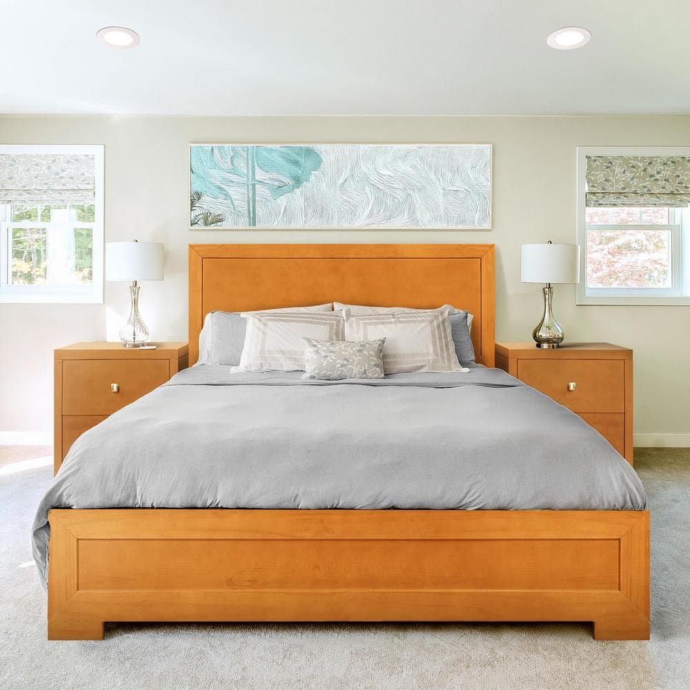 Modern Cherry Queen Platform Bed with Paneled Headboard