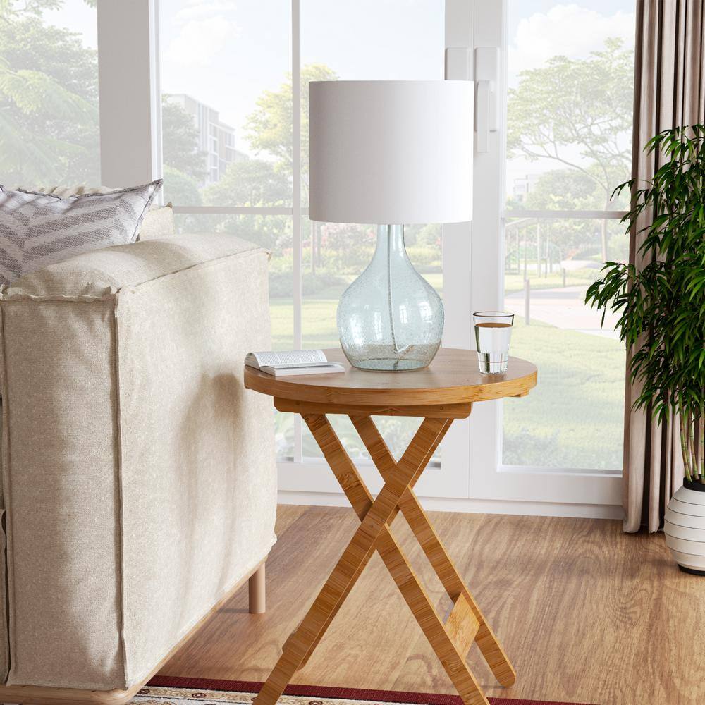 22.38" Blue Bubble Glass Table Lamp with White Shade