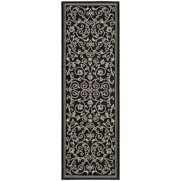Courtyard Black/Sand 2 ft. x 20 ft. Border Scroll Floral Indoor/Outdoor Runner Rug