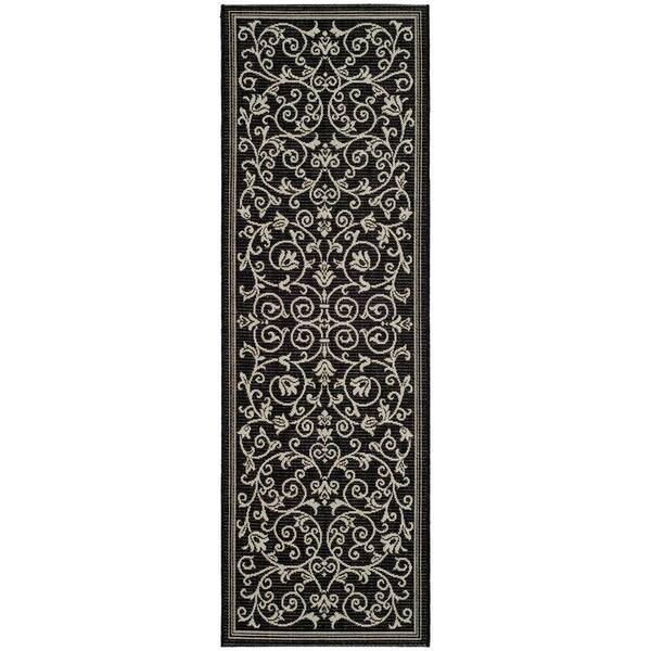 Courtyard Black/Sand 2 ft. x 5 ft. Border Scroll Floral Indoor/Outdoor Runner Rug