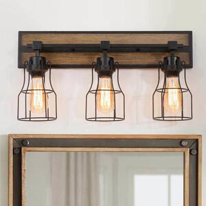 Black Vanity Light 3-Light Farmhouse Vanity Light Industrial Wall Sconce Bathroom Wall Light with Faux Wood Accents