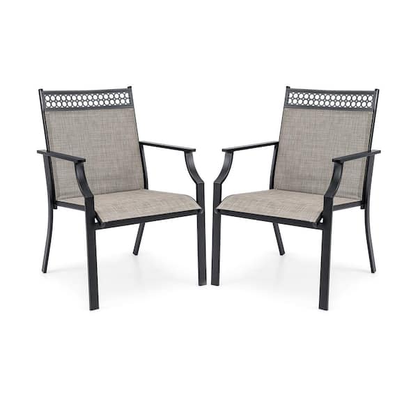 ANGELES HOME 2-Piece Metal Outdoor Dining Chair with All Weather Breathable Fabric-Brown