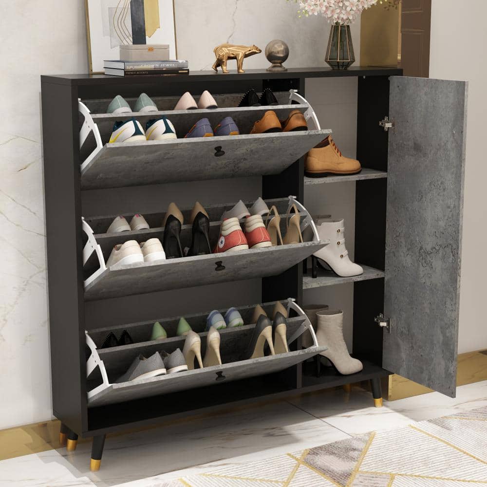 FUFU&GAGA 47.2 in. H x 47.2 in. W Wood Shoe Storage Cabinet Black Gold with 3-Drawers, 1-Cabinet for 27-Pairs