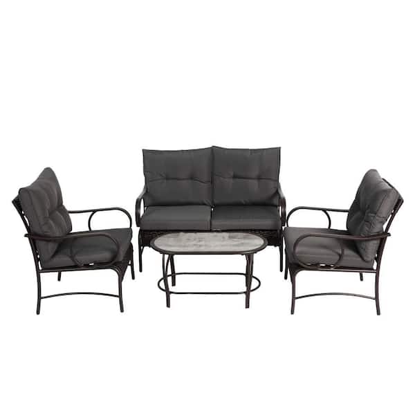 Sudzendf 4-Piece Black Metal Patio Conversation Seating Set, Outdoor Camping Chairs with Gray Cushions & Coffee Table