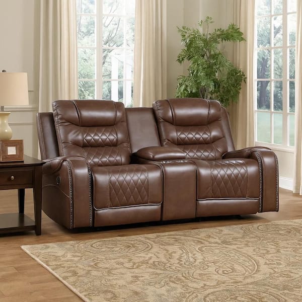 77.5 in. Flared Arm Faux Leather Rectangle Manual Loveseat Recliner Sofa in Brown