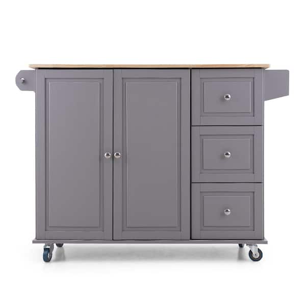 PHI VILLA Gray Wood Countertop 44 in. Width Kitchen Island Utility Cart Storage Cabinet with 3-Drawer and 2-Door