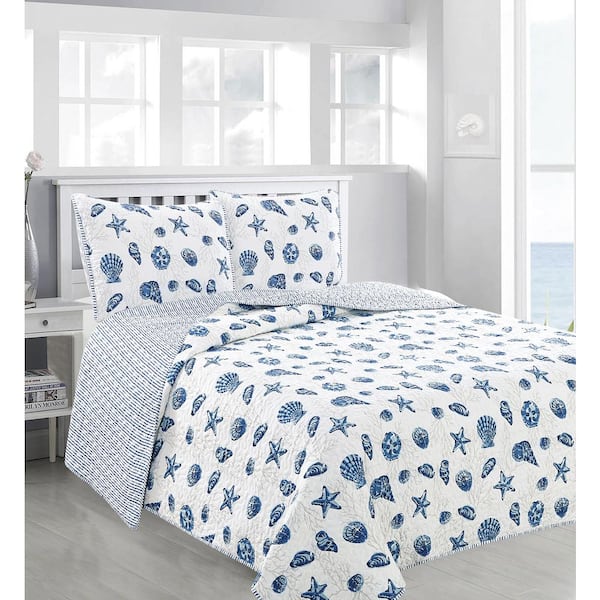 FRESHFOLDS 3-Piece Blue Seashell Coastal Printed King Microfiber Quilt Set Bedspread