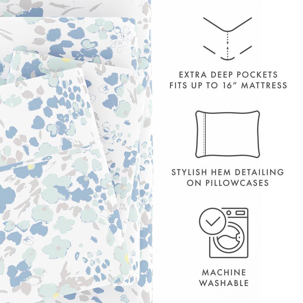 Queen Light Blue Floral Microfiber Deep Pocket Sheet Set