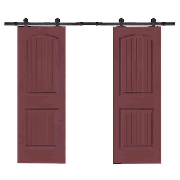 CALHOME 36 in. x 80 in. Camber Top in Maroon Stained Composite MDF Split Sliding Barn Door with Hardware Kit