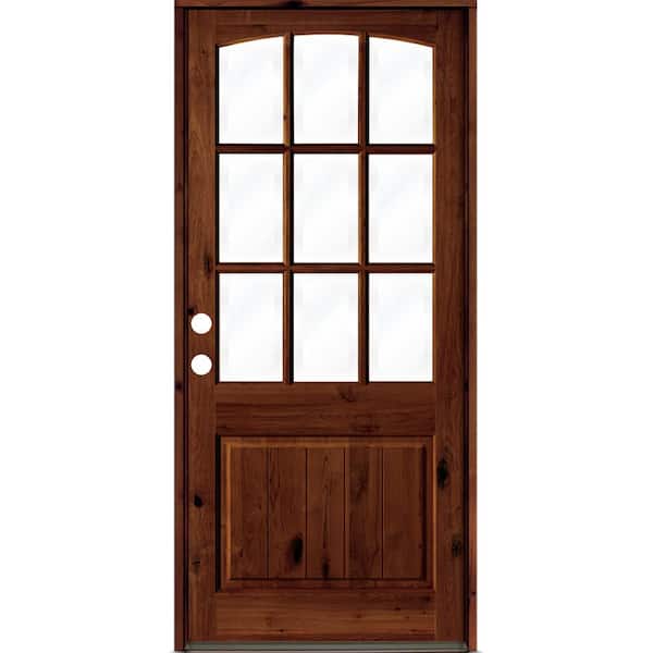 Krosswood Doors 32 in. x 96 in. Knotty Alder Right-Hand/Inswing 9-Lite Arch Top Clear Glass Red Chestnut Stain Wood Prehung Front Door
